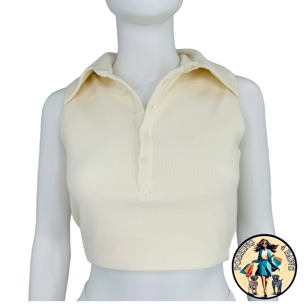 Camila Coelho Ivory Beja Waffle Tennis Prep Collared Preppy Crop Top XXS - Picture 7 of 11